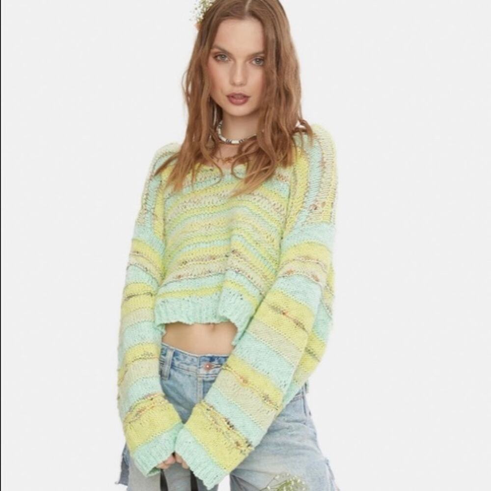 Free People Sugared Mint Lake Life Cropped Knit Pullover Sweater